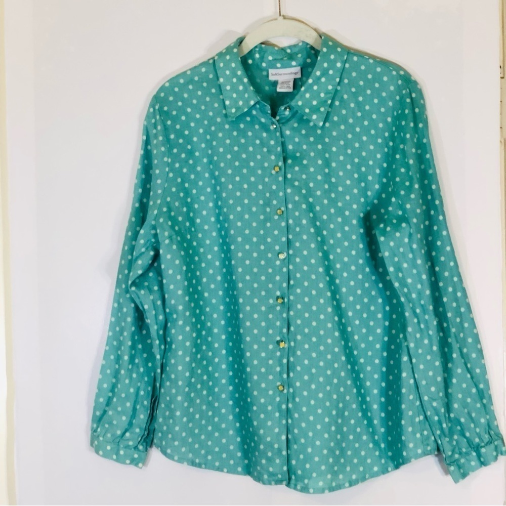 Soft Surroundings Women's Petite M Mint Green Polka Dot Button Down Linen Shirt